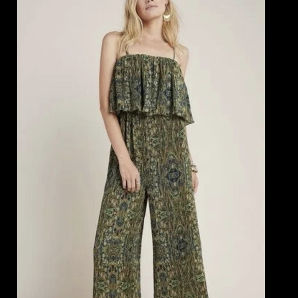 Anthropologie Green Patterned Strapless Jumpsuit